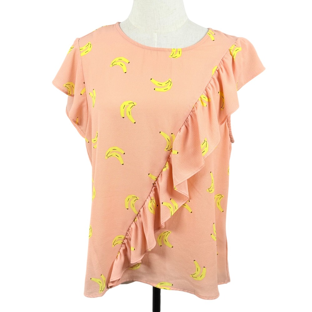 June & Hudson Womens L Blouse Peach Pink Banana Print Ruffle Asymmetrical Summer